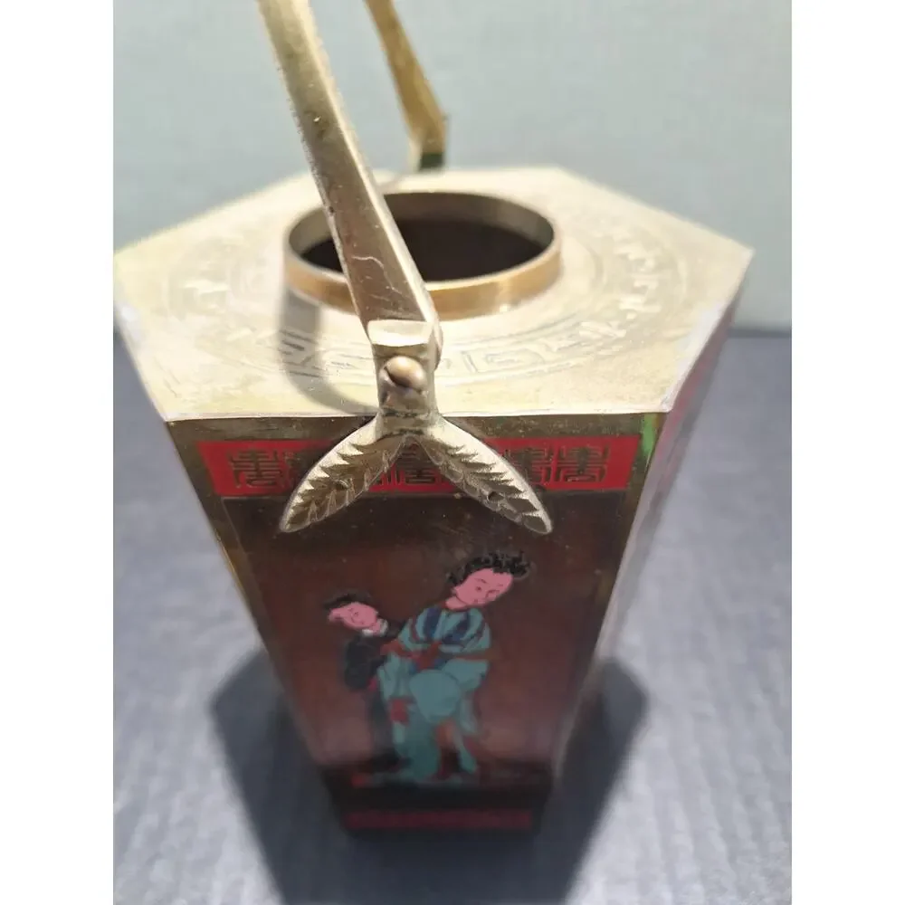 1950s Chinese Hexagonal Brass Teapot Enamel Figures No Taiwan Export Mark!